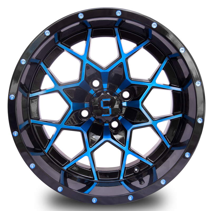 Velg Golf Cart 14 Inci yang Dapat Disesuaikan Biru Mengkilap Hitam Aluminium Alloy ET-25