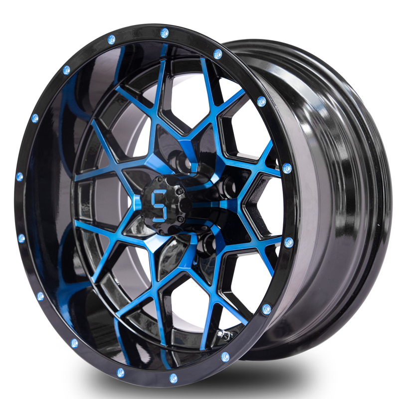 Velg Golf Cart 14 Inci yang Dapat Disesuaikan Biru Mengkilap Hitam Aluminium Alloy ET-25