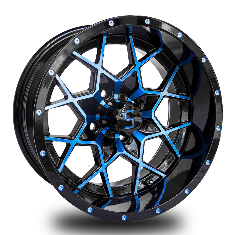 Velg Golf Cart 14 Inci yang Dapat Disesuaikan Biru Mengkilap Hitam Aluminium Alloy ET-25