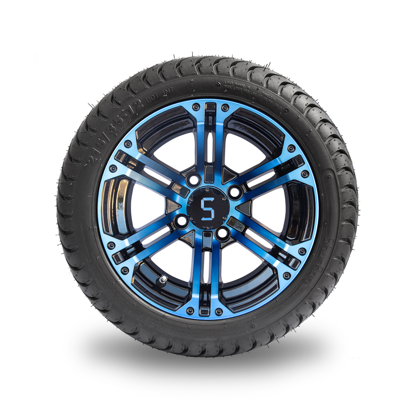 Velg dan Ban Golf Cart 12 Inci Kombinasi Biru Mengkilap Hitam 4 / 101.6 PCD