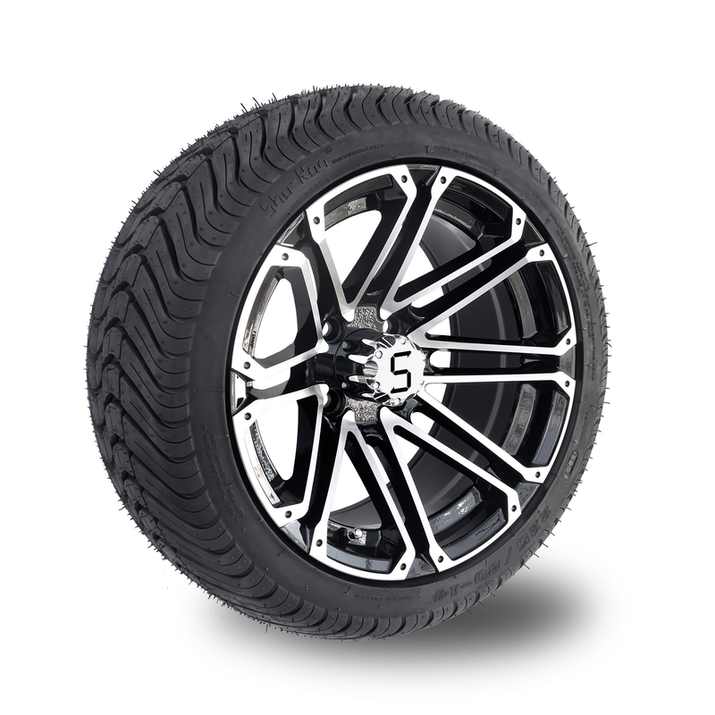Roda dan Ban Golf Cart 14x7 Combo 225/30-14 Ban Jalanan Hitam Mengkilap Mesin