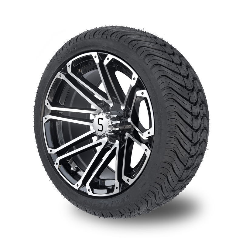 Roda dan Ban Golf Cart 14x7 Combo 225/30-14 Ban Jalanan Hitam Mengkilap Mesin