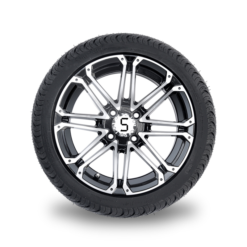 Roda dan Ban Golf Cart 14x7 Combo 225/30-14 Ban Jalanan Hitam Mengkilap Mesin