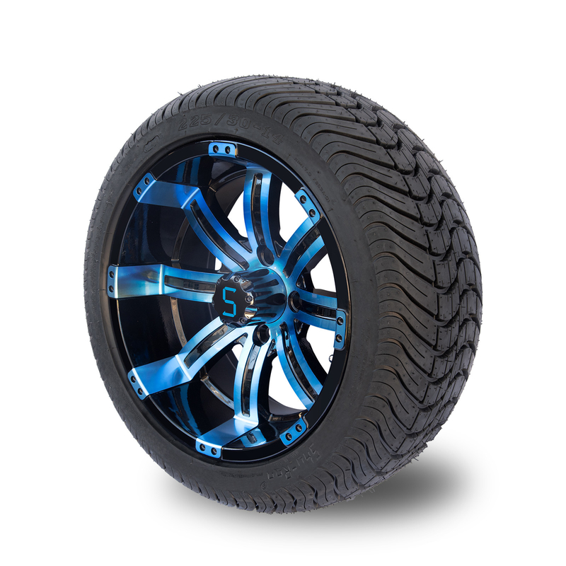 225/30-14 DOT 14 Inch Roda Golf Cart dan Combo Ban Biru / Velg Hitam Mengkilap 101.6 PCD