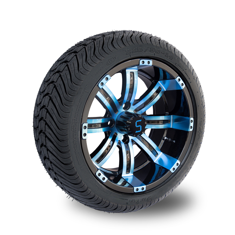 225/30-14 DOT 14 Inch Roda Golf Cart dan Combo Ban Biru / Velg Hitam Mengkilap 101.6 PCD