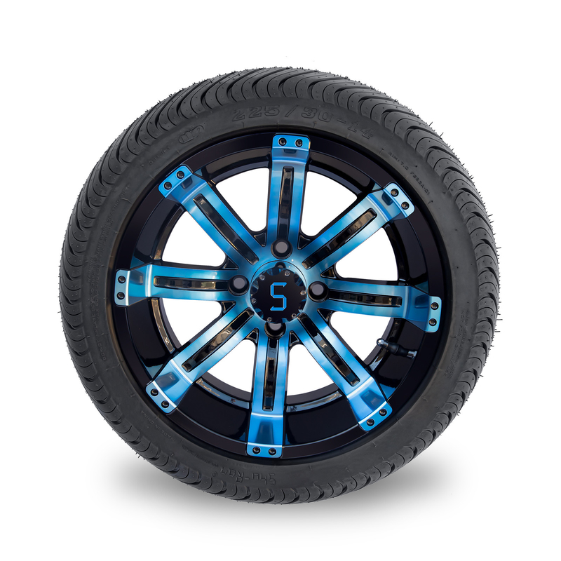 225/30-14 DOT 14 Inch Roda Golf Cart dan Combo Ban Biru / Velg Hitam Mengkilap 101.6 PCD