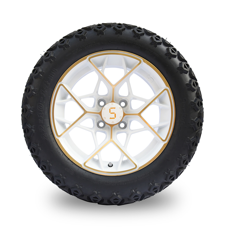 Velg Golf Cart Emas Putih 14 Inci dan Kombo Ban 4PLY 101.6 PCD