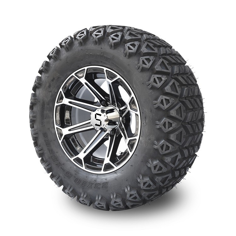 Pelek Aluminium Kereta Golf 12'' & Kombo Ban All Terrain 23x10.5-12 - Machined/Glossy Black