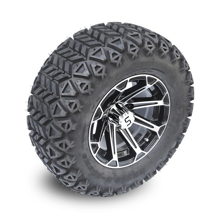 Pelek Aluminium Kereta Golf 12'' & Kombo Ban All Terrain 23x10.5-12 - Machined/Glossy Black