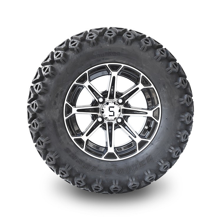 Pelek Aluminium Kereta Golf 12'' & Kombo Ban All Terrain 23x10.5-12 - Machined/Glossy Black