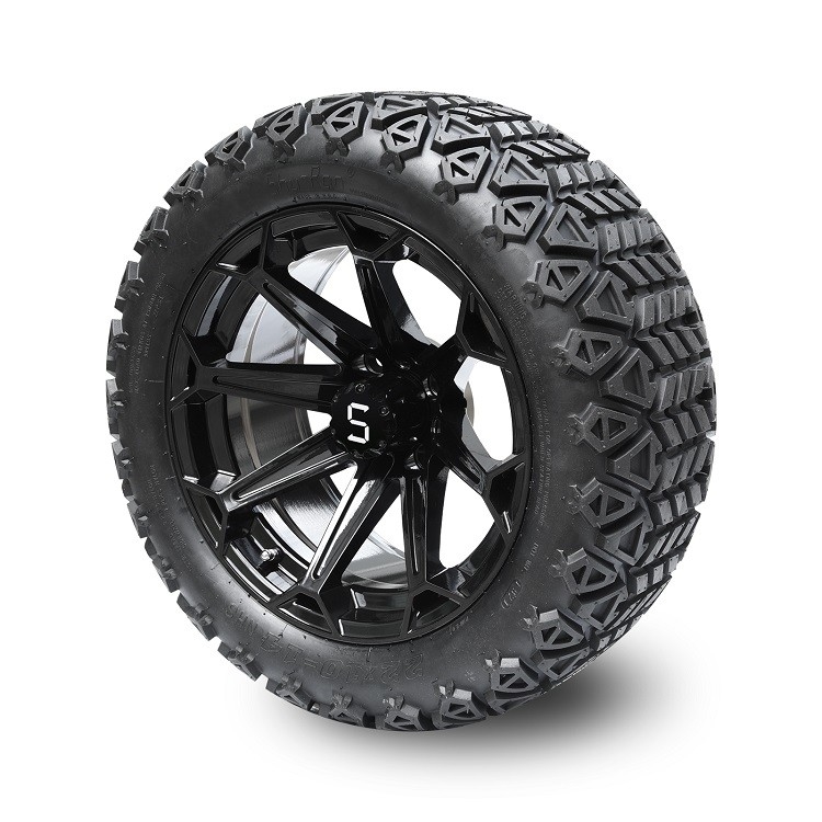 Golf Cart 14 Inch Glossy Black Wheels dan 22x10-14 DOT Ban dengan Center Cap dan Lug Nuts