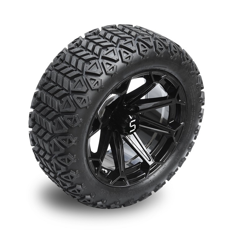 Golf Cart 14 Inch Glossy Black Wheels dan 22x10-14 DOT Ban dengan Center Cap dan Lug Nuts