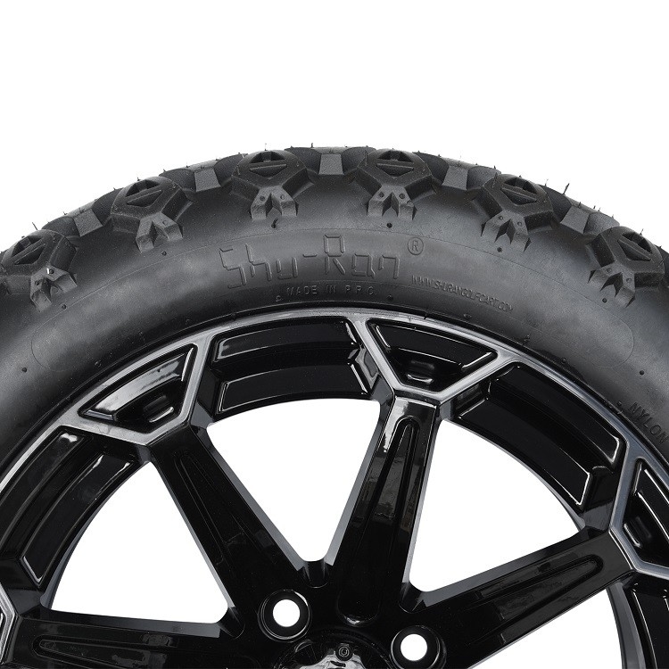 Golf Cart 14 Inch Glossy Black Wheels dan 22x10-14 DOT Ban dengan Center Cap dan Lug Nuts