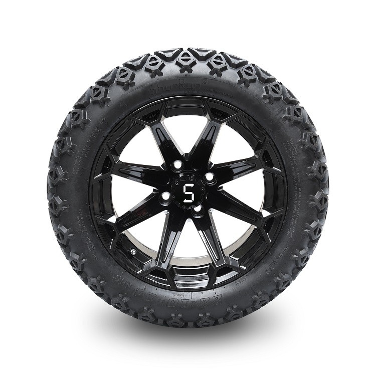 Golf Cart 14 Inch Glossy Black Wheels dan 22x10-14 DOT Ban dengan Center Cap dan Lug Nuts