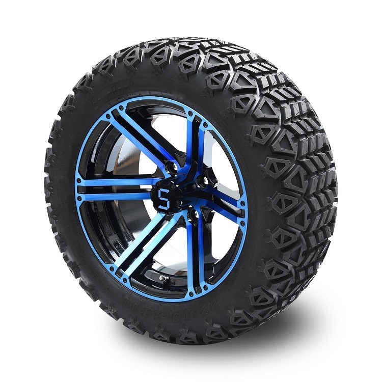 Golf Cart 14 Inch Blue/Glossy Black Wheels Dan 22 Inch Tinggi Ban Off-Road 4 PLY dengan DOT Disetujui