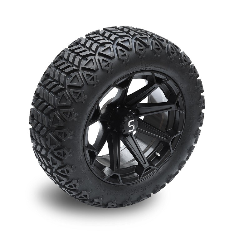 Velg Golf Cart 14'' Matte Black Dan Ban Profil Tinggi 22x10-14 DOT Termasuk Mur Roda dan Tutup Tengah