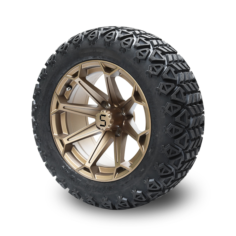 14 Inch Golf Cart Bronze Wheel dan 22x10-14 Off-Road Tire dengan Nuts Lug dan Center Caps