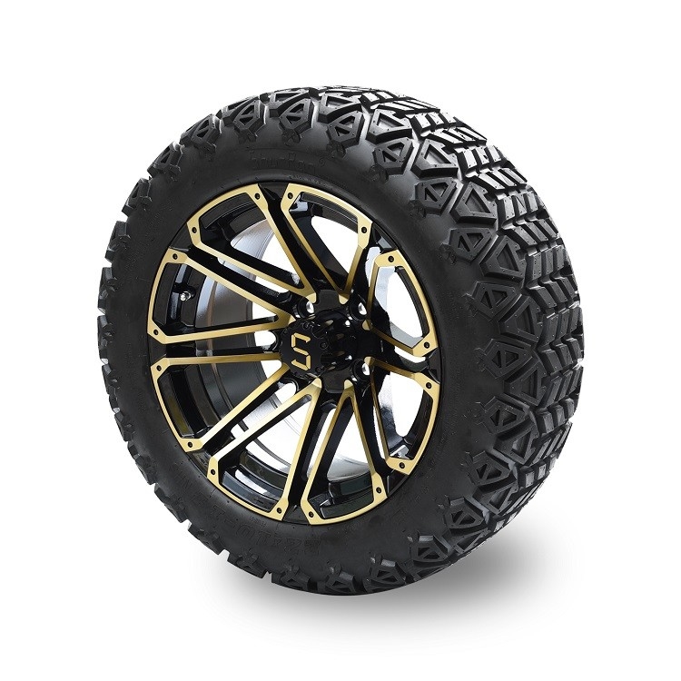 Velg Golf Cart 14'' Emas/Hitam Mengkilap Dan Ban Off-Road DOT 22*10-14 Perlu Lift