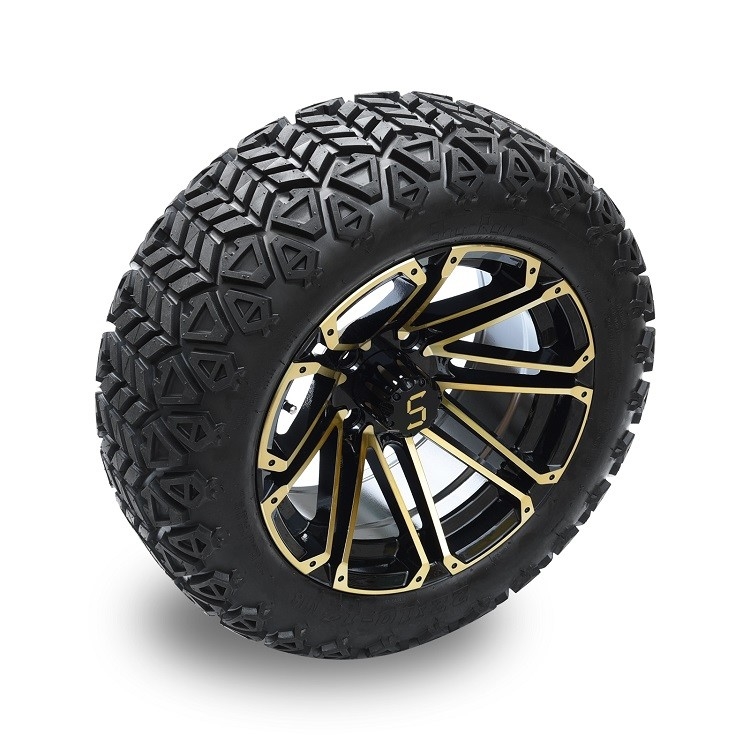 Velg Golf Cart 14'' Emas/Hitam Mengkilap Dan Ban Off-Road DOT 22*10-14 Perlu Lift