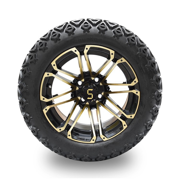 Velg Golf Cart 14'' Emas/Hitam Mengkilap Dan Ban Off-Road DOT 22*10-14 Perlu Lift