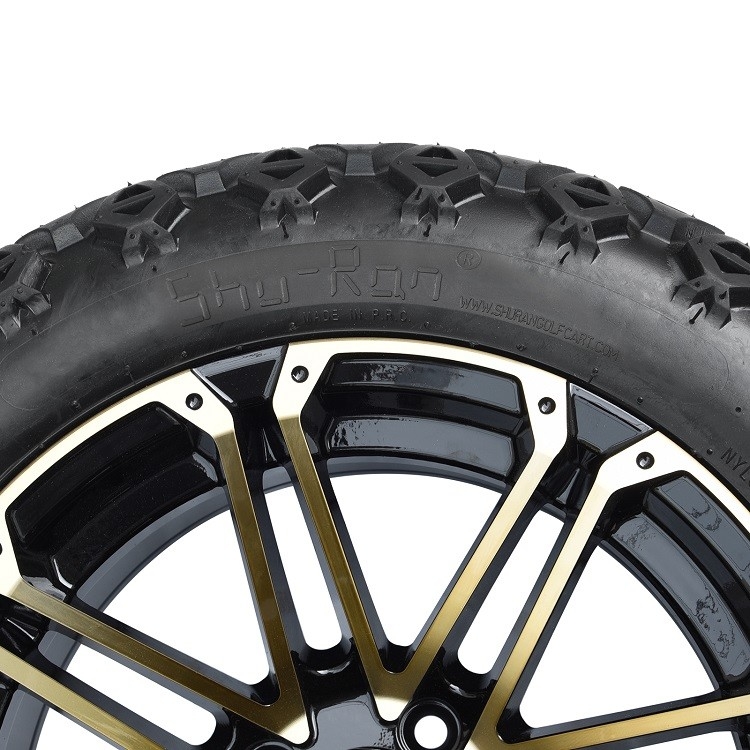 Velg Golf Cart 14'' Emas/Hitam Mengkilap Dan Ban Off-Road DOT 22*10-14 Perlu Lift