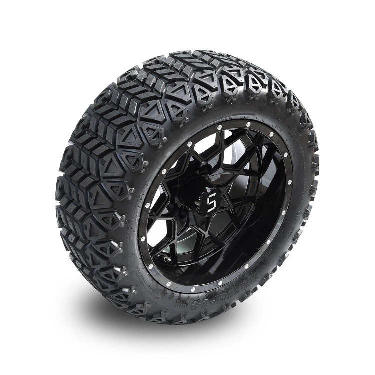 Velg Golf Cart Hitam Mengkilap 14'' Dan Ban All Terrain 22'' Dengan Mur Roda dan Tutup Tengah