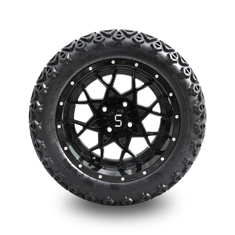 Velg Golf Cart Hitam Mengkilap 14'' Dan Ban All Terrain 22'' Dengan Mur Roda dan Tutup Tengah