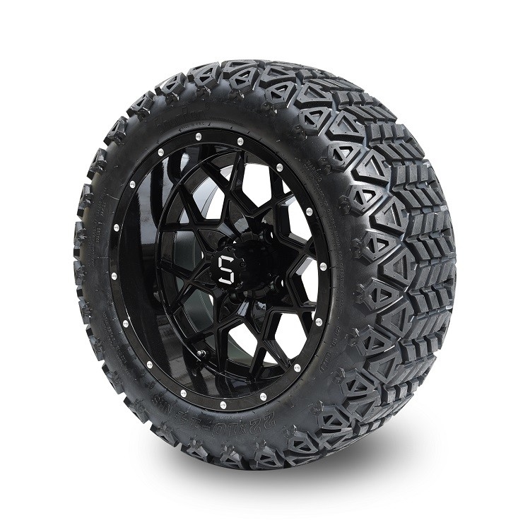Velg Golf Cart Hitam Mengkilap 14'' Dan Ban All Terrain 22'' Dengan Mur Roda dan Tutup Tengah